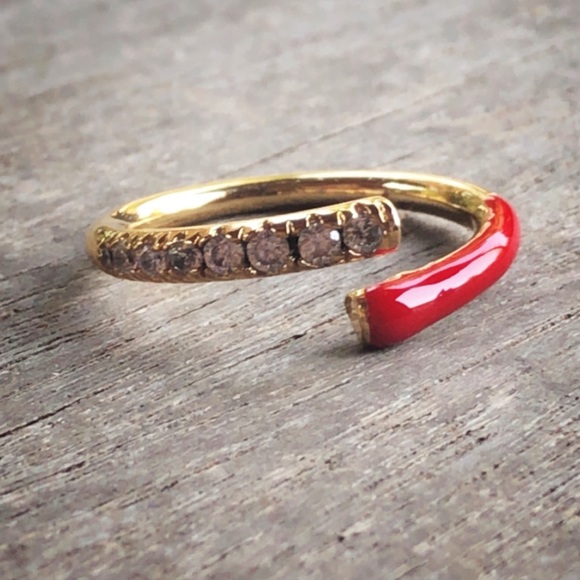 YG Plated Red Enamel CZ Adjustable Ring - Picture 3 of 8